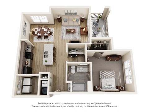 Floor plan for 1 bed, 1 bath, 905 sqft
